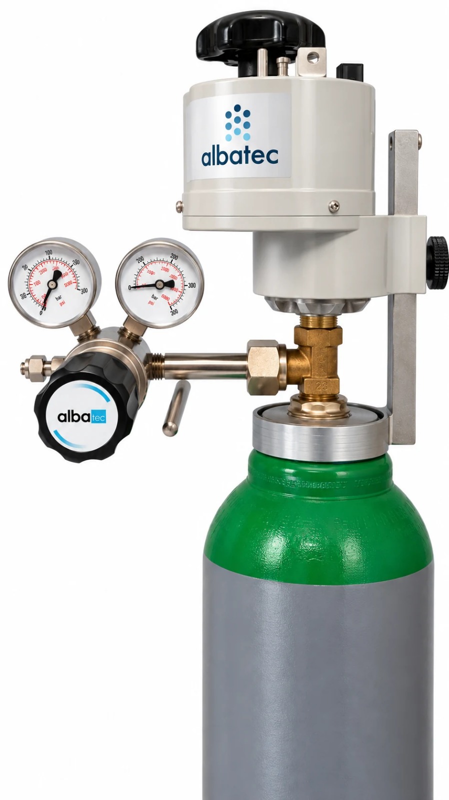 Albatec cylinder valve shutter mounted on a gas cylinder with pressure regulator.