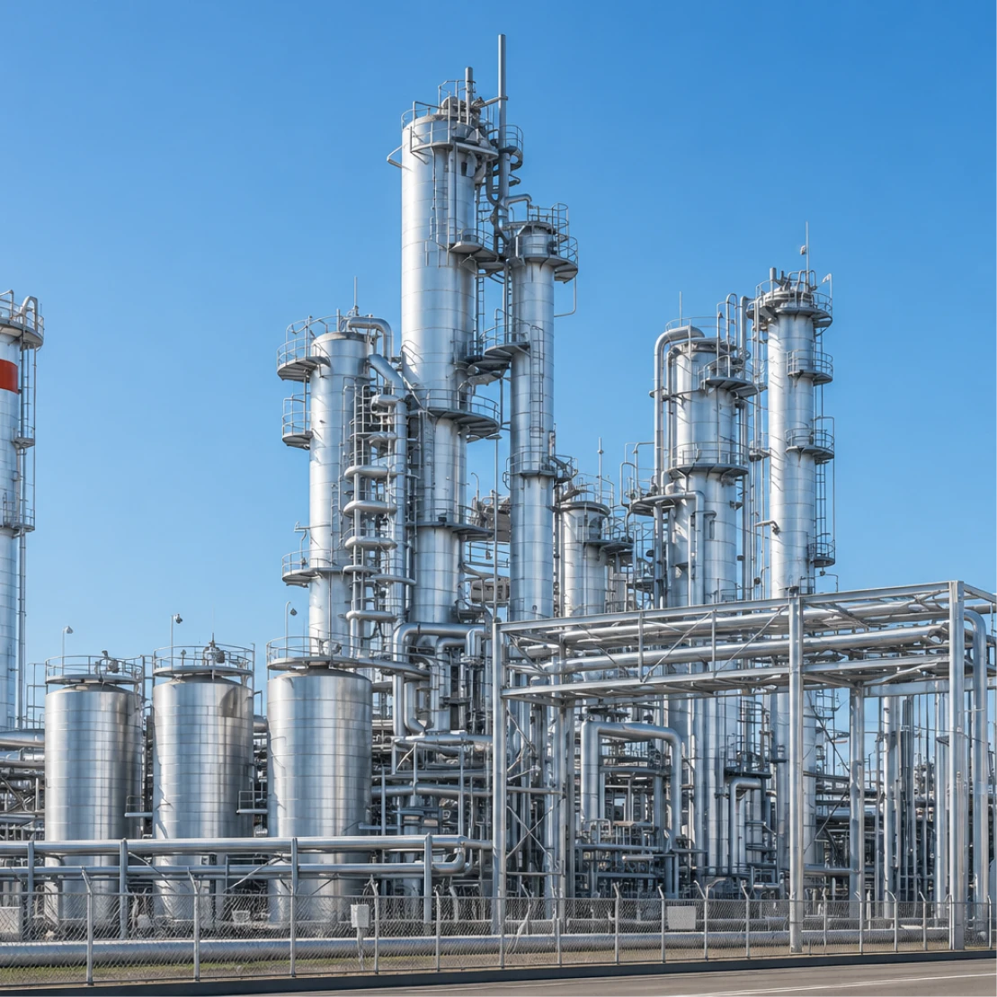 Petrochemical plant with process piping and distillation columns