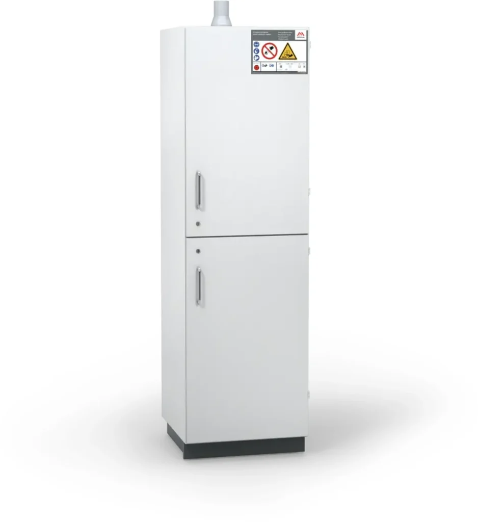 Closed acid and base safety cabinet with two compartments