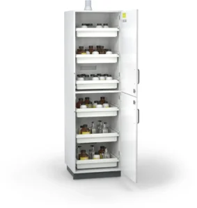 Open acid and base safety cabinet with chemical containers