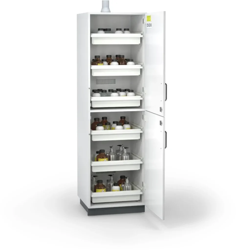 Open acid and base safety cabinet with chemical containers
