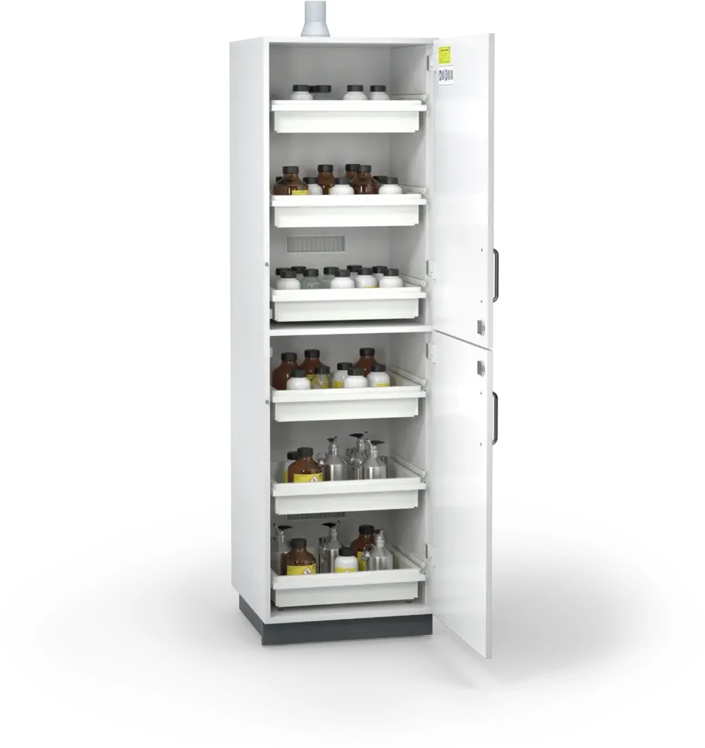 Open acid and base safety cabinet with chemical containers