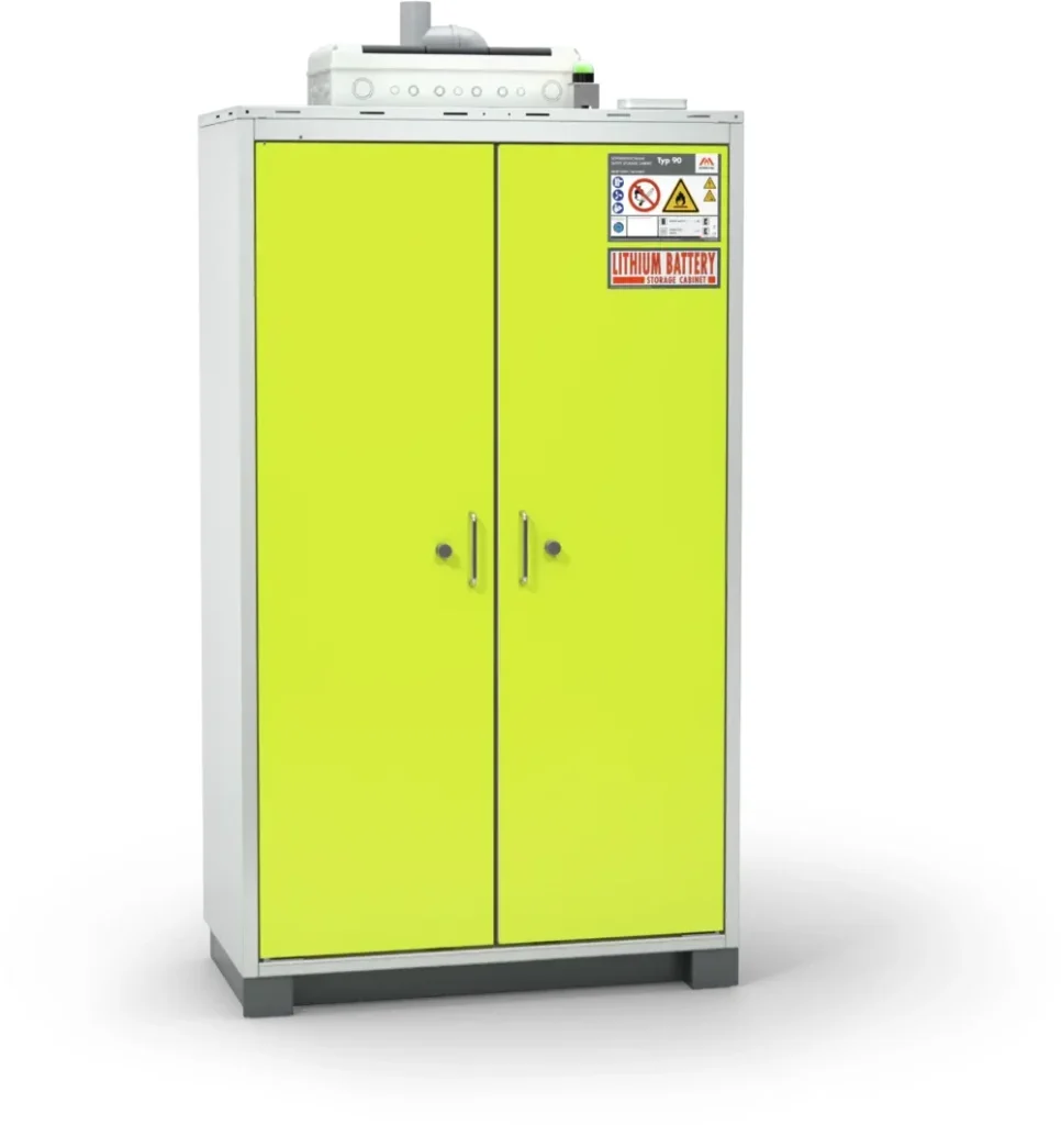 Closed battery storage cabinet with double green doors