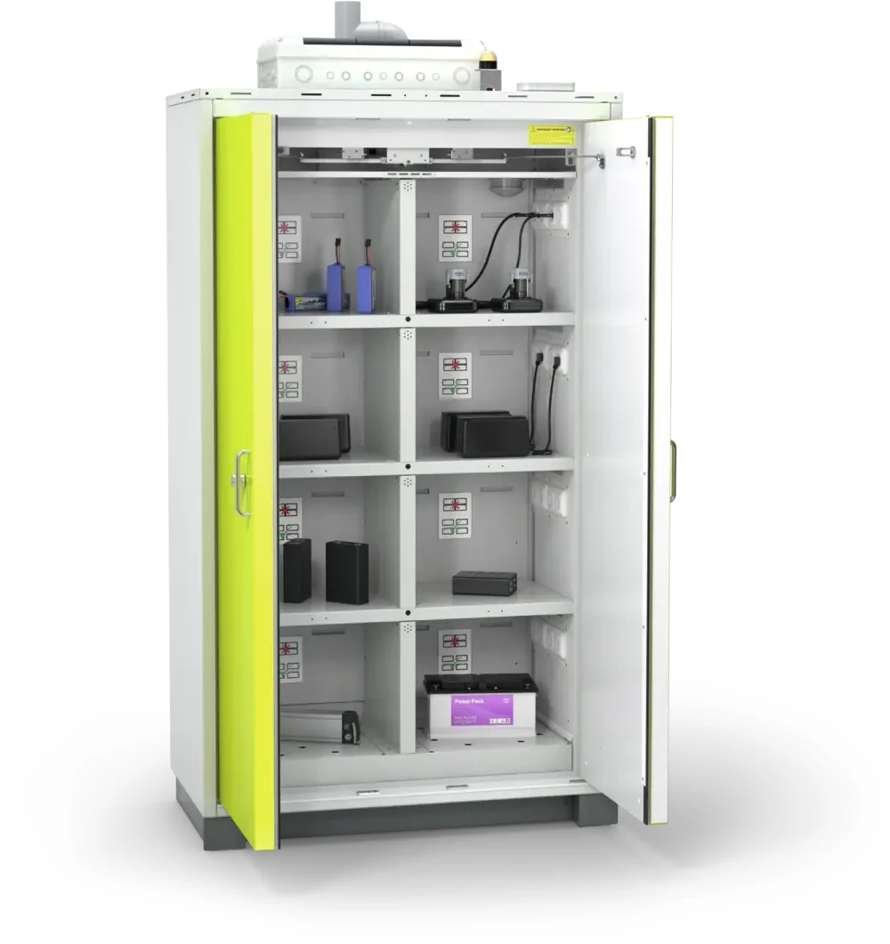 Open battery storage cabinet with separate internal compartments