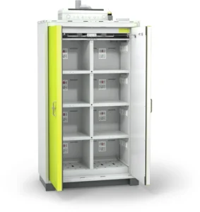 Open battery storage cabinet with ventilated shelving compartments