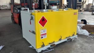 Lithium battery transport container with fire-safety warning labels