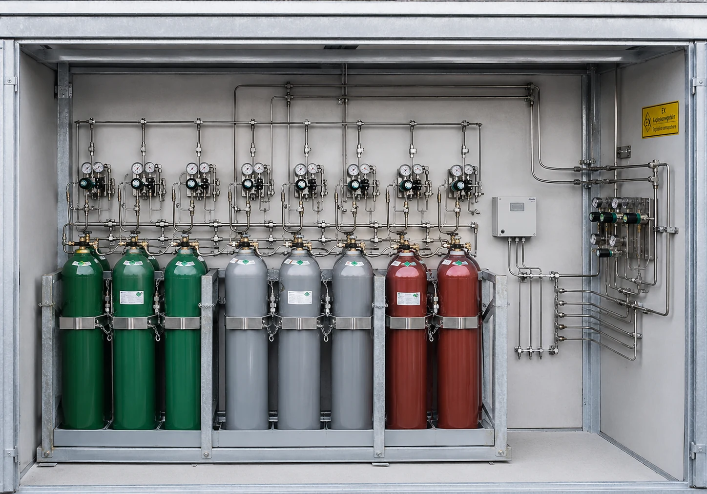 Multi-cylinder central gas supply installation inside a ventilated shelter