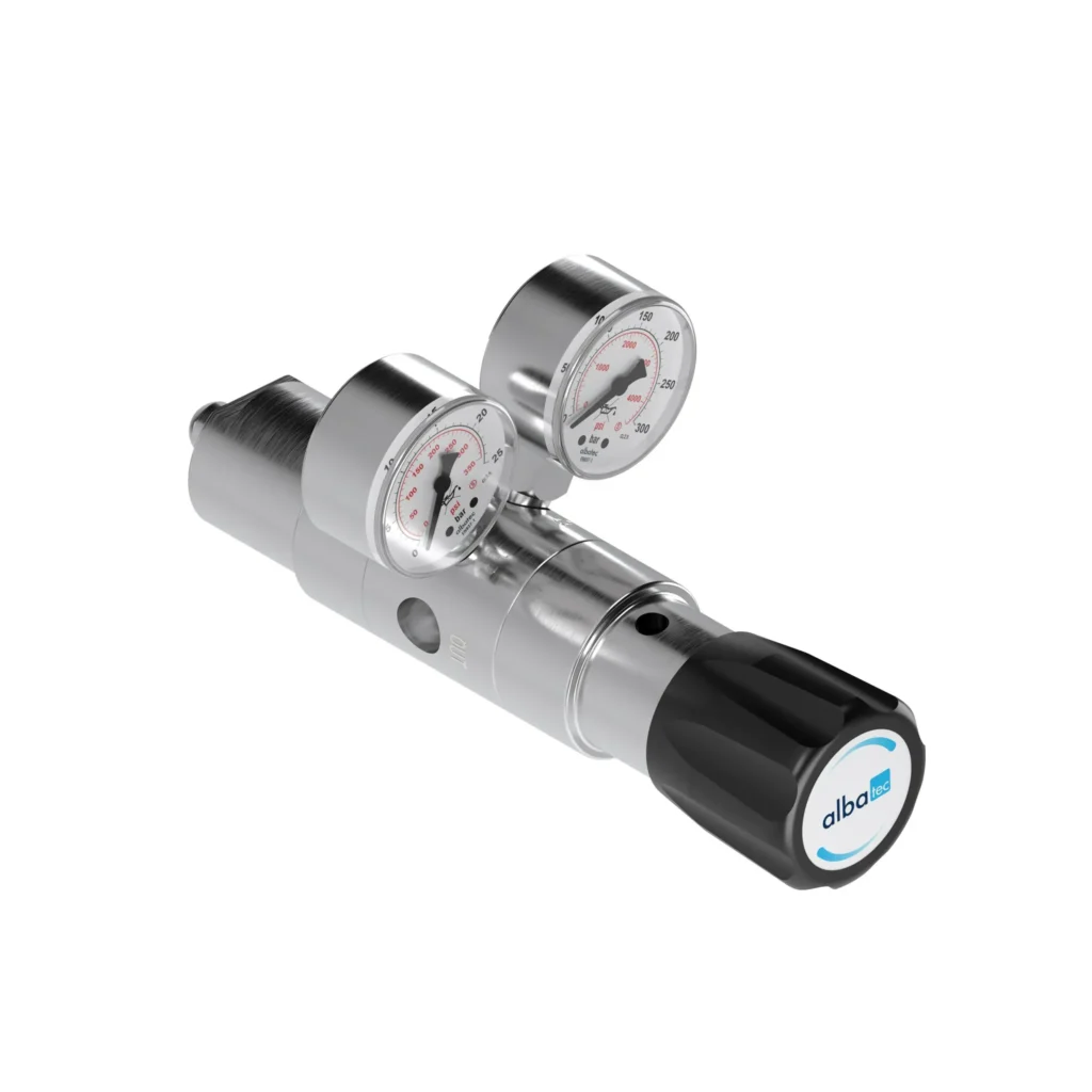 Albatec LRA 1230 dual-stage six-port line pressure regulator with two pressure gauges, perspective view