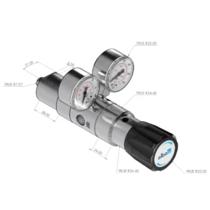 Dimensioned technical view of the Albatec LRA 1230 dual-stage six-port line pressure regulator