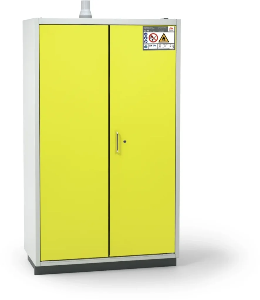 Closed yellow EN 14470-1 flammable material safety cabinet