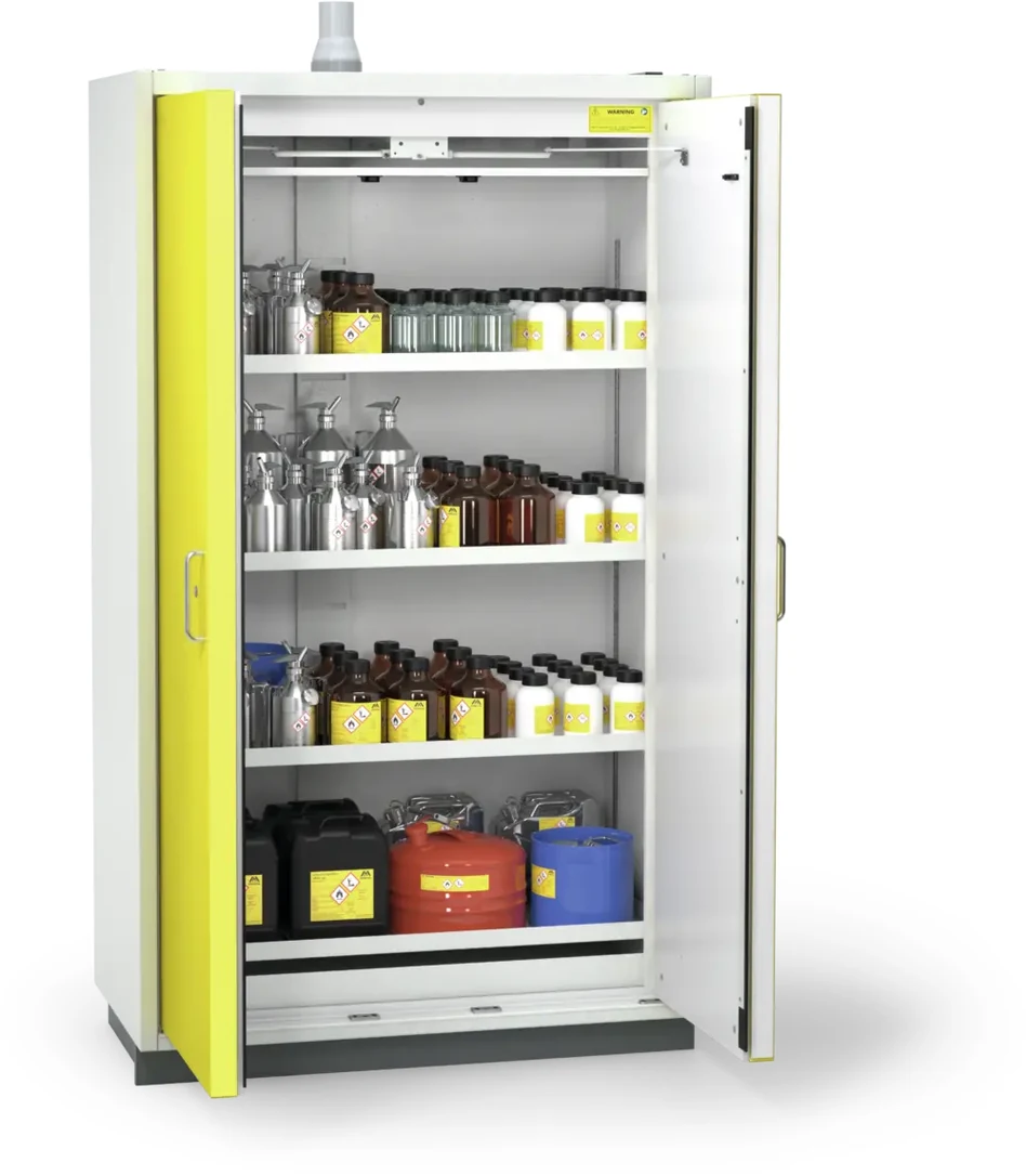 Open EN 14470-1 cabinet storing flammable material containers