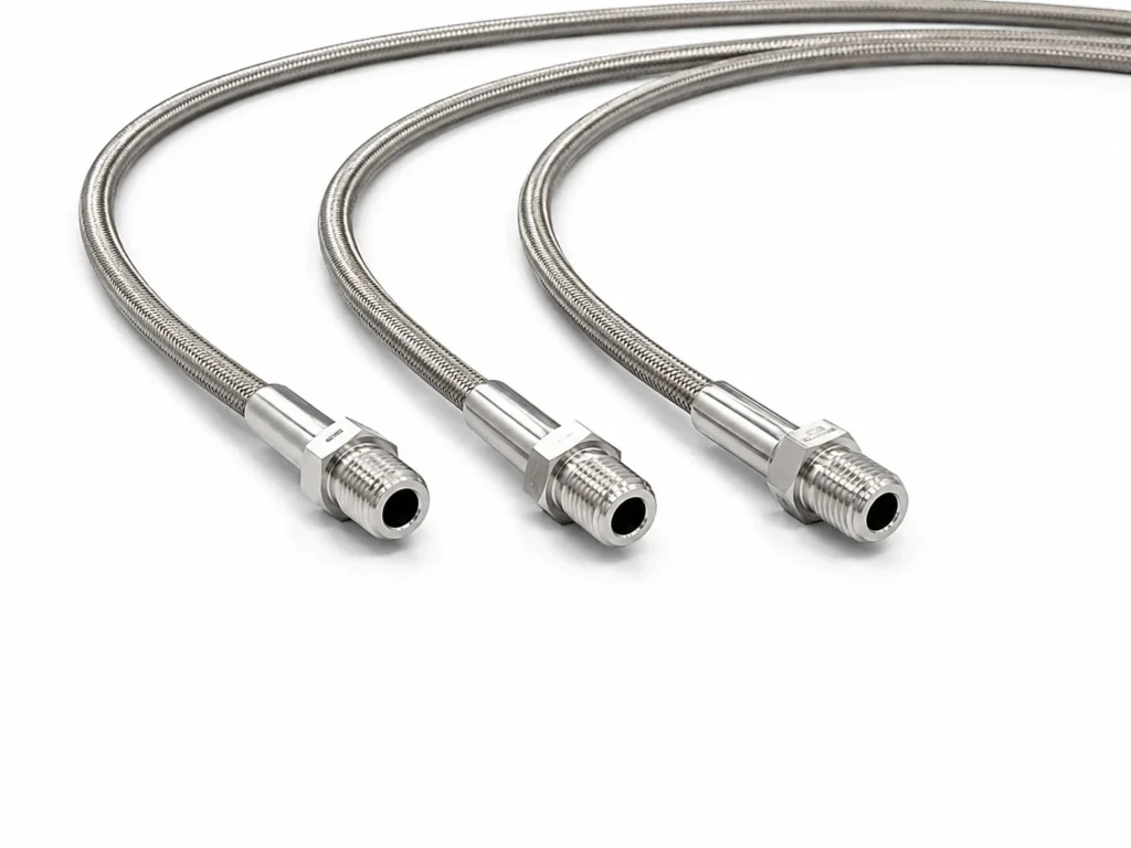 Three flexible stainless steel hoses for sampling systems