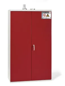 Closed red EN 14470-2 gas cylinder safety cabinet