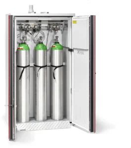 Open EN 14470-2 safety cabinet containing three gas cylinders