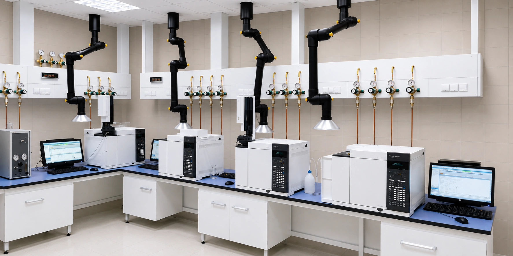 Gas chromatography laboratory with wall-mounted point-of-use gas regulators
