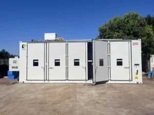 Outdoor hazardous material storage container with multiple secure doors