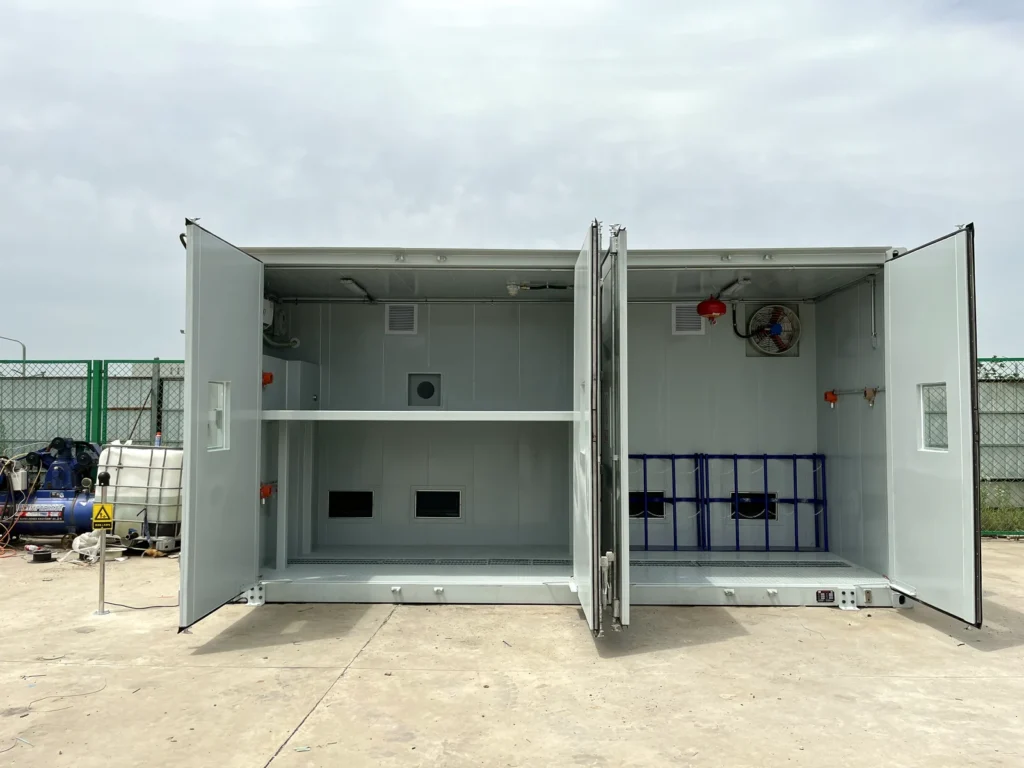 Open hazardous material container showing internal storage space