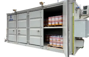 Open hazardous material container with separated storage compartments