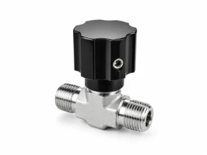 Inline stainless steel needle valve with black adjustment knob