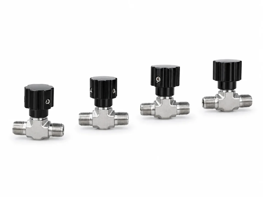 Four stainless steel needle valves in different configurations