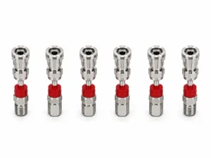Row of stainless steel quick connectors with red collars