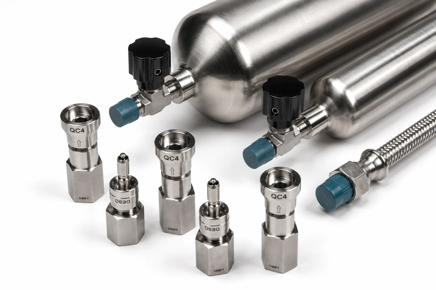 Sampling cylinders, quick connectors and flexible hose accessories