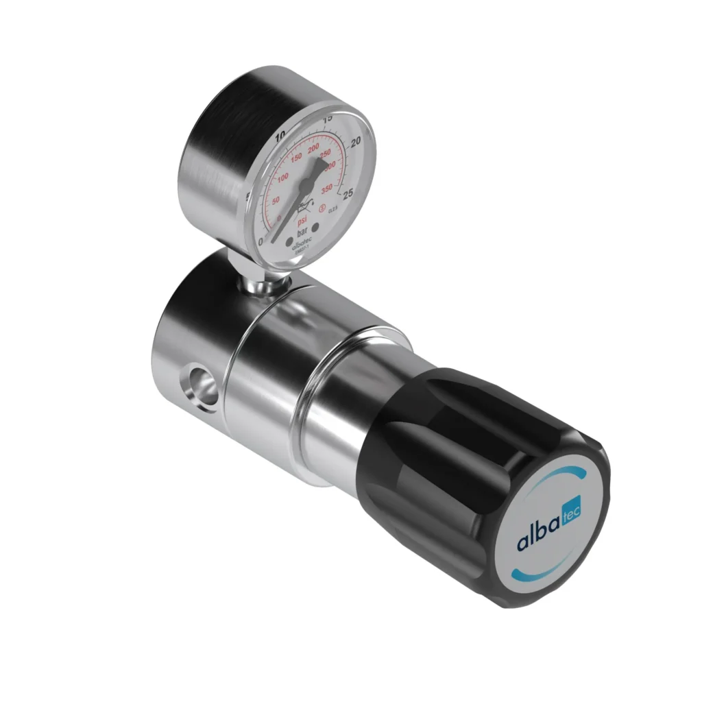 Albatec LRA 1110 single-stage four-port line pressure regulator with pressure gauge and adjustment knob