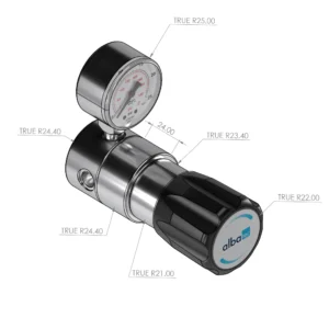 Dimensional drawing of the Albatec LRA 1110 single-stage four-port line pressure regulator