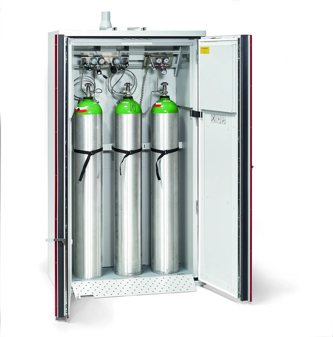 Open Supreme XL safety cabinet with three gas cylinders