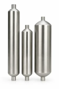 Three vertical stainless steel cylinders for gas sampling