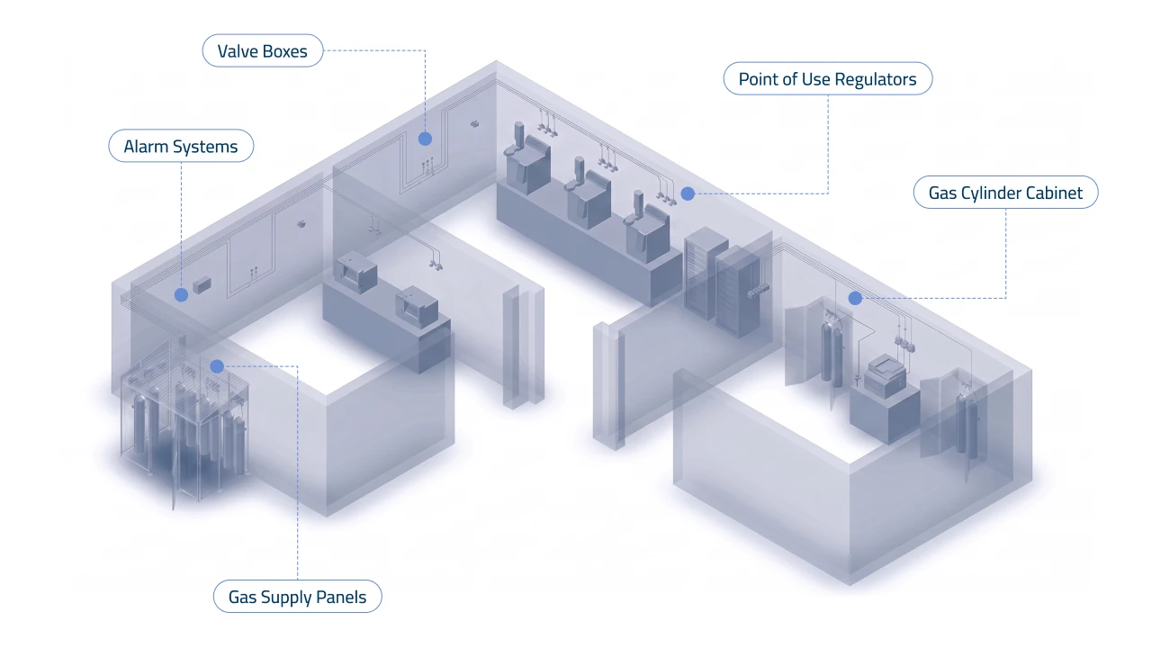 Laboratory central gas supply installation with wall-mounted panels