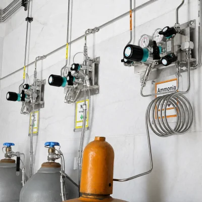 Ammonia gas supply panel with external purge and connected cylinders