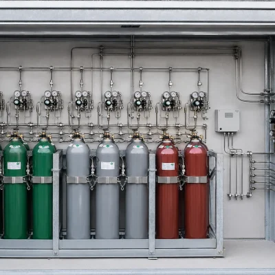 Multi-cylinder central gas supply installation inside a ventilated shelter