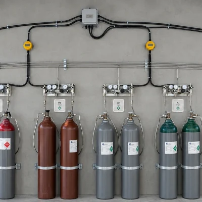 Industrial gas cylinder bank with wall-mounted supply panels and piping
