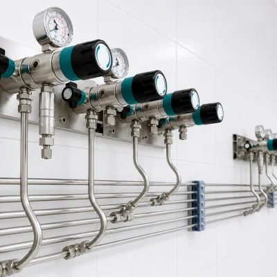 Point-of-use gas regulators connected to stainless-steel laboratory tubing