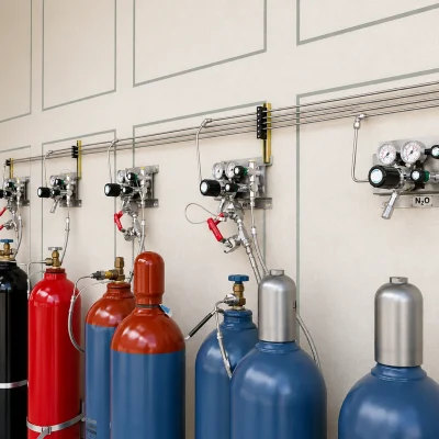 Central gas supply installation with cylinder banks and wall-mounted panels