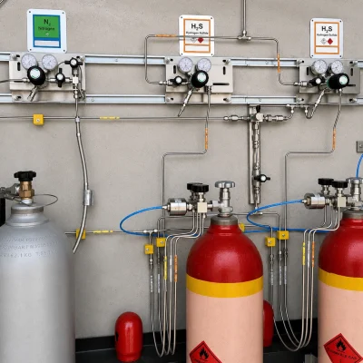 Hydrogen sulfide and nitrogen gas supply system with connected cylinders