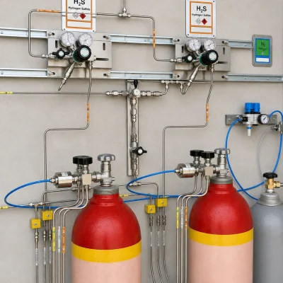 Dual hydrogen sulfide gas panels serving two process cylinders
