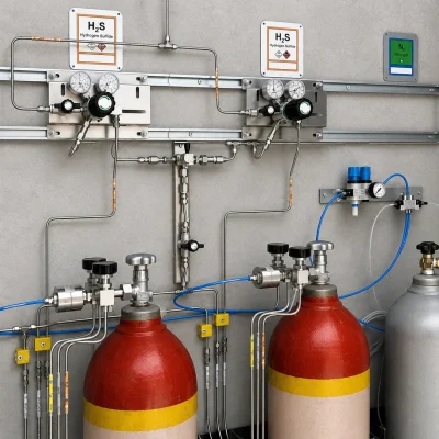 Hydrogen sulfide supply panels with purge lines and cylinder connections