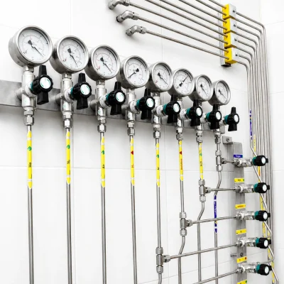 Laboratory pressure regulators and valve controls connected to distribution lines