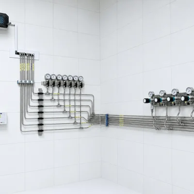 Laboratory gas distribution network with regulators, valve controls and tubing