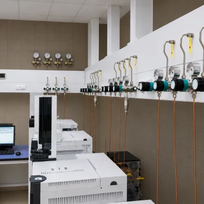 Point-of-use gas regulators supplying gas chromatography instruments in a laboratory