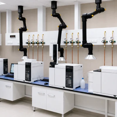 Gas chromatography laboratory with wall-mounted point-of-use gas regulators
