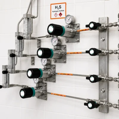 Wall-mounted hydrogen sulfide point-of-use regulators and flowmeters