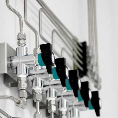 Laboratory main isolation valves connected to stainless-steel gas lines
