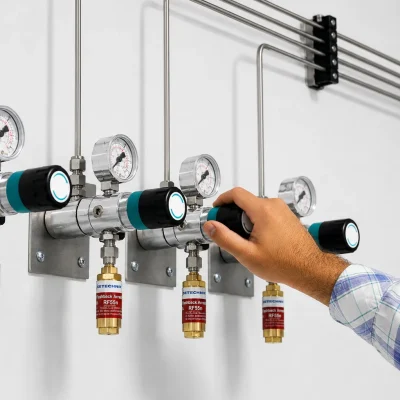 Operator adjusting a point-of-use regulator with flashback arrestors