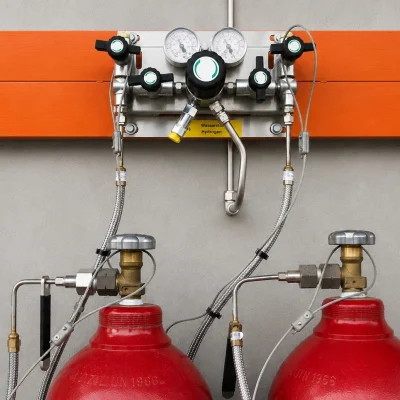 Hydrogen gas supply panel connected to two high-pressure cylinders