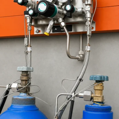 Oxygen gas supply panel connected to two high-pressure cylinders