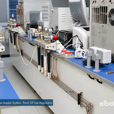Point-of-use gas regulators supplying multiple gas chromatographs in a petrochemical laboratory