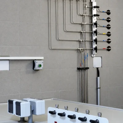 Wall-mounted valve control system with stainless-steel tubing in a petrochemical laboratory